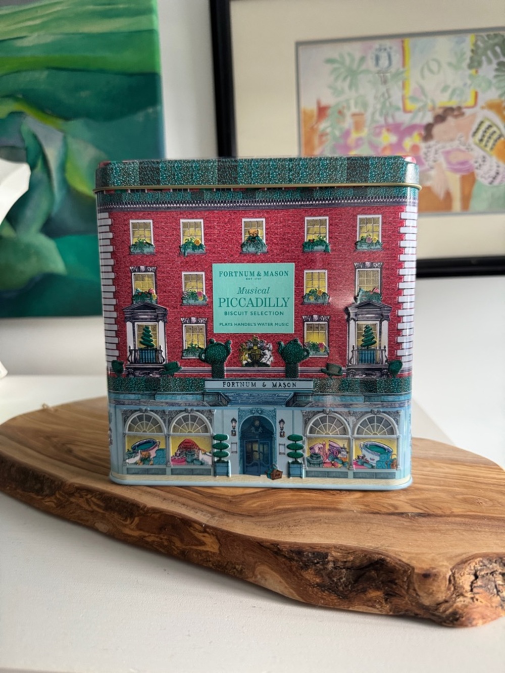 Fortnum & Mason Decorative Red and Teal Musical Piccadilly Biscuit Selection Tin